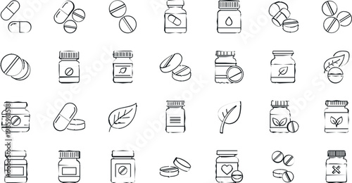 Medicine and supplement line icons set with pills, capsules, bottles and herbal products, healthcare vector illustration collection