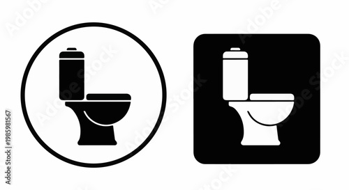 Two black and white icons of toilets, one in a circle, one in a square