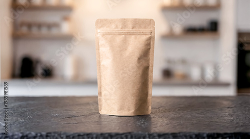 Blank brown kraft paper pouch standing on a dark stone countertop in a blurred kitchen interior. Minimalist eco-friendly packaging mockup for organic food, coffee, or tea products