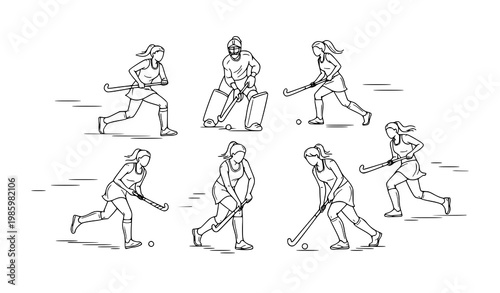 Minimal line art female field hockey players in action poses with motion lines clean vector illustration