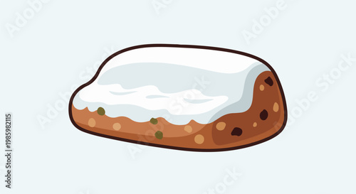 A festive fruitcake with a swirl of white icing and visible fruit specks