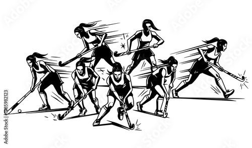 Stylized geometric women field hockey action scene with bold motion lines modern black and white vector