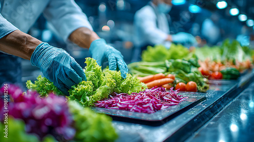 World Food Safety Day awareness, a modern kitchen or food inspection setting where a food safety specialist is checking fresh produce for quality