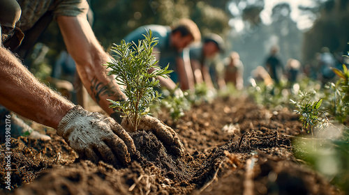 World Environment Day celebration, a diverse group of volunteers planting trees in a green park, hands digging soil and placing young saplings