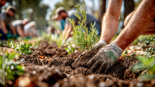 World Environment Day celebration, a diverse group of volunteers planting trees in a green park, hands digging soil and placing young saplings