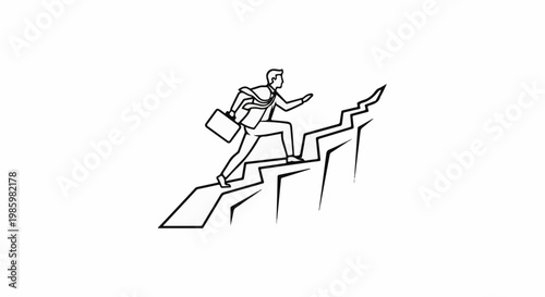 A businessman climbs jagged stairs, symbolizing career advancement and ambition