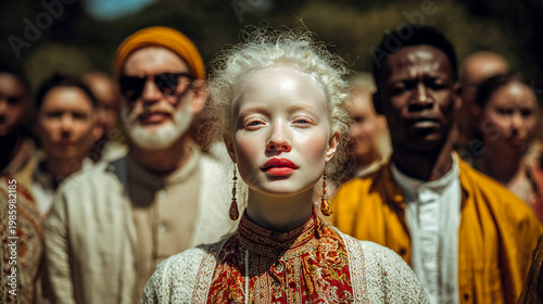 International Albinism Awareness Day, a diverse group of people standing together in a bright outdoor setting, natural sunlight softly illuminating their faces
