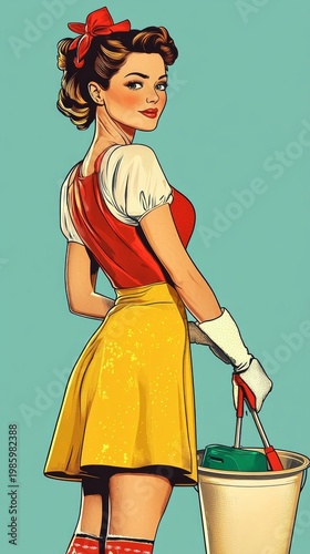A woman in vintage attire, holding a bucket and cleaning equipment, smiles over her shoulder, exuding energy and making the perfect backdrop for cleaning or retro-themed services.