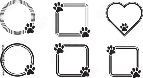 A set of black and white paw print frames and shapes for pet lovers and designers.