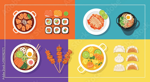 Diverse Asian Food Collection Flat Vector Illustration with Sushi, Ramen, Dim Sum, and Satay on Colorful Background