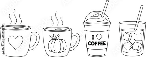 Coffee and latte line art set with hot mugs pumpkin spice frappe with whipped cream and iced coffee flat vector illustration isolated on white
