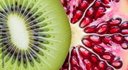 High-contrast top view of a sliced green kiwi next to an open pomegranate with ripe red seeds.