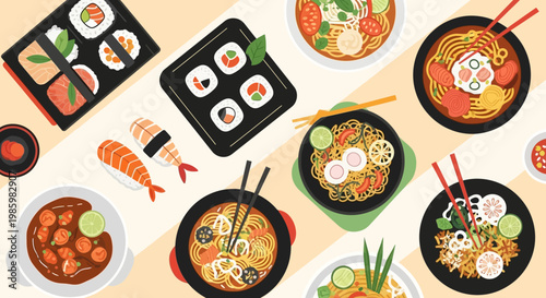 Diverse Asian Food Collection Flat Design Vector Illustration with Sushi, Ramen, and Noodles Top View.