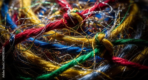 A chaotic mix of colorful tangled threads and yarns in red, yellow, blue, and green with metallic accents.
