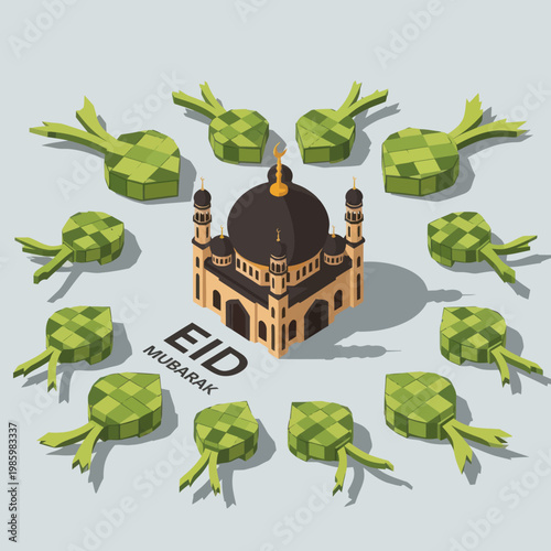 3D Eid Mubarak Mosque with Money.