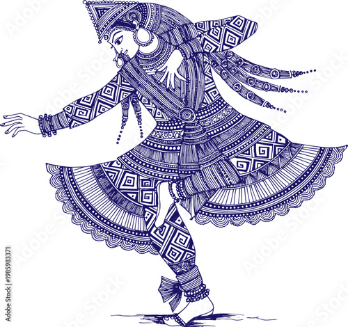 Traditional Indian Dancer in Madhubani Art Style Illustration, Ethnic Folk Dance Character with Intricate Patterns, Vibrant Cultural Artwork Inspired by Bihar Mithila Painting