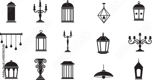 A collection of various black lantern and lighting fixtures icons .