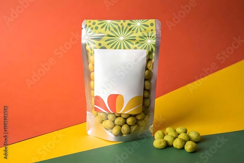 Stand Up Pouch Bag with Green Coated Nuts and Colorful Background stock