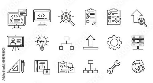Collection of linear technology interface and development icons.