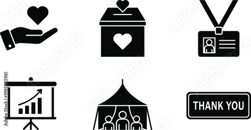 Charity and community volunteer event solid icon set featuring donation box heart in hand id badge presentation and gathering tent, 19 words.