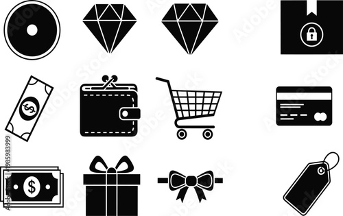 Commercial shopping and finance icon set featuring diamonds wallet cash shopping cart credit card gift box and price tags