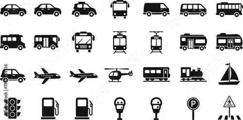 Comprehensive transportation and traffic icon set featuring cars buses airplanes helicopters trains ships gas stations and parking meters vectors, 18 words.