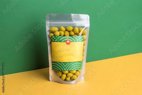Transparent pouch filled with green candy against a green and yellow background snack