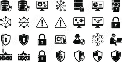 Cyber security and data protection solid icon set featuring network shields padlocks firewall servers hackers and system warnings