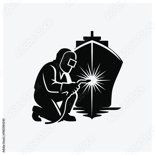 Welder working on a ship hull silhouette icon