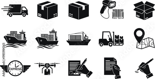 Global logistics and freight transportation icon set featuring cargo ships delivery trucks barcode scanners forklift drones and document signing