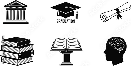 Higher education and academic achievement solid icon set featuring university building graduation cap diploma scroll books and human brain, 19 words.