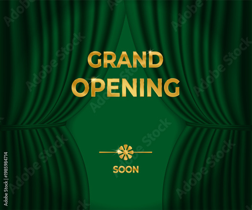 An elegant invitation banner with a green curtain and the golden inscription "Grand Opening". Vector illustration.  