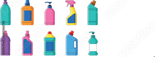 Vector Set of Cleaning Product Bottles, Spray Bottles, and Detergent Containers in Bright Colors for Household, Cleaning, and Product Packaging Designs
