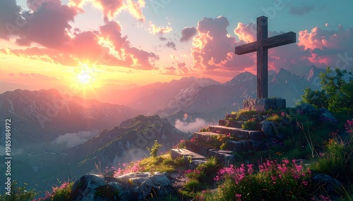 Tranquil Mountain Landscape Featuring a Large Cross at Sunset