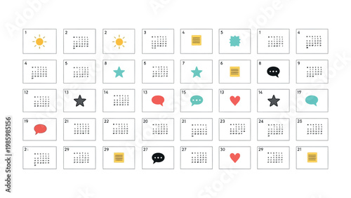 Calendar and Icons: A colorful display of calendars, each adorned with a simple icon. perfect for visually representing concepts. 