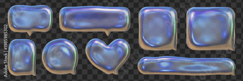 Set of holographic 3D speech bubbles with iridescent soap bubble texture and translucent glass effect on transparent background for trendy Y2K and futuristic design