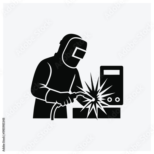 Silhouette of an electrician or technician soldering or welding a circuit board or electronic device.