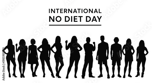 Diverse group of people in silhouette celebrating international no diet day with a graphic design element