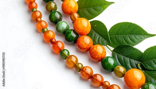 Vibrant Festive Garland Featuring Orange and Green Beads with Leaves