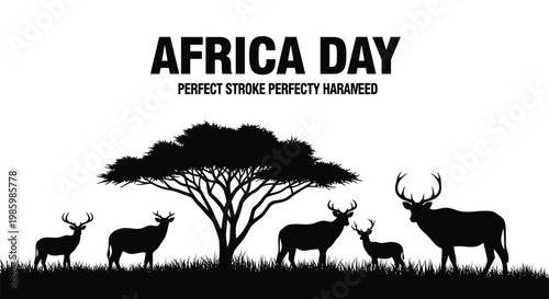 Africa Day vector illustration featuring silhouettes of an acacia tree and deer on grassland, celebrating the continent.