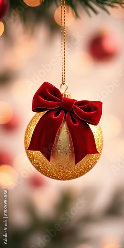 Crimson velvet bow on a shimmering golden bauble, soft focus background, ornament,  red