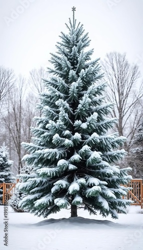 A snow-dusted pine tree stands majestically outdoors, hinting at winter wonderland charm and festive anticipation, Snow,  cold