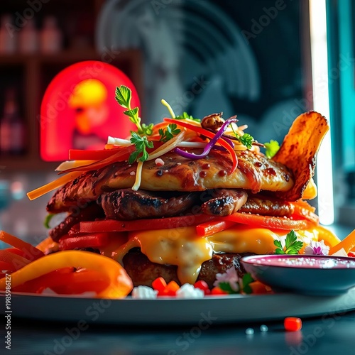 A vibrant culinary masterpiece ascends, bathed in ethereal light, showcasing textures and hues with crisp clarity,  sharp focus,  culinary art