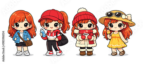 Red haired girl in seasonal outfits on gray backdrop