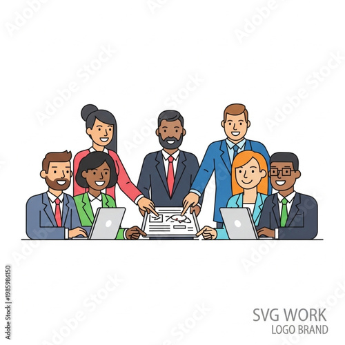 Diverse team collaborating on a project at a meeting with laptops and documents