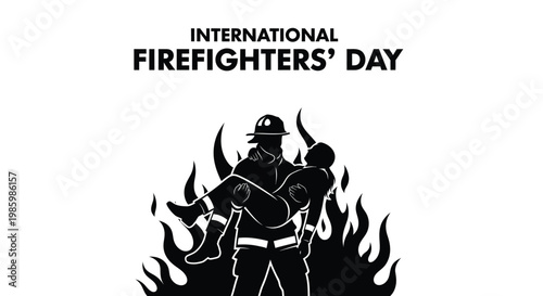 Heroic firefighter carrying an injured person in a blaze for international firefighters day vector graphic illustration