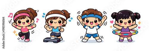 Children exercising: dance, step, jumps and hula hoop on gray backdrop