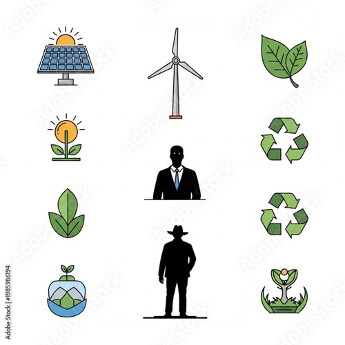 A businessman and a farmer stand amidst symbols of renewable energy and eco-friendly practices.