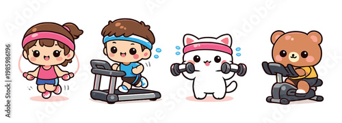 Children and animals exercising with gym equipment indoors