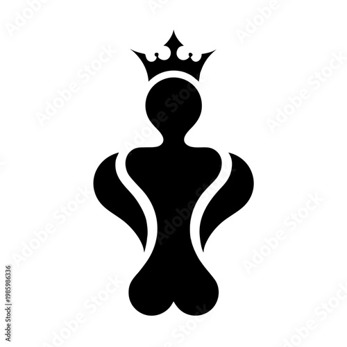 Black queen chess piece silhouette icon, crowned strategy game emblem vector
